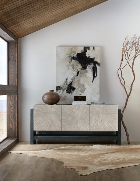 Melange Ground Perspective Credenza styled in a casual modern living room