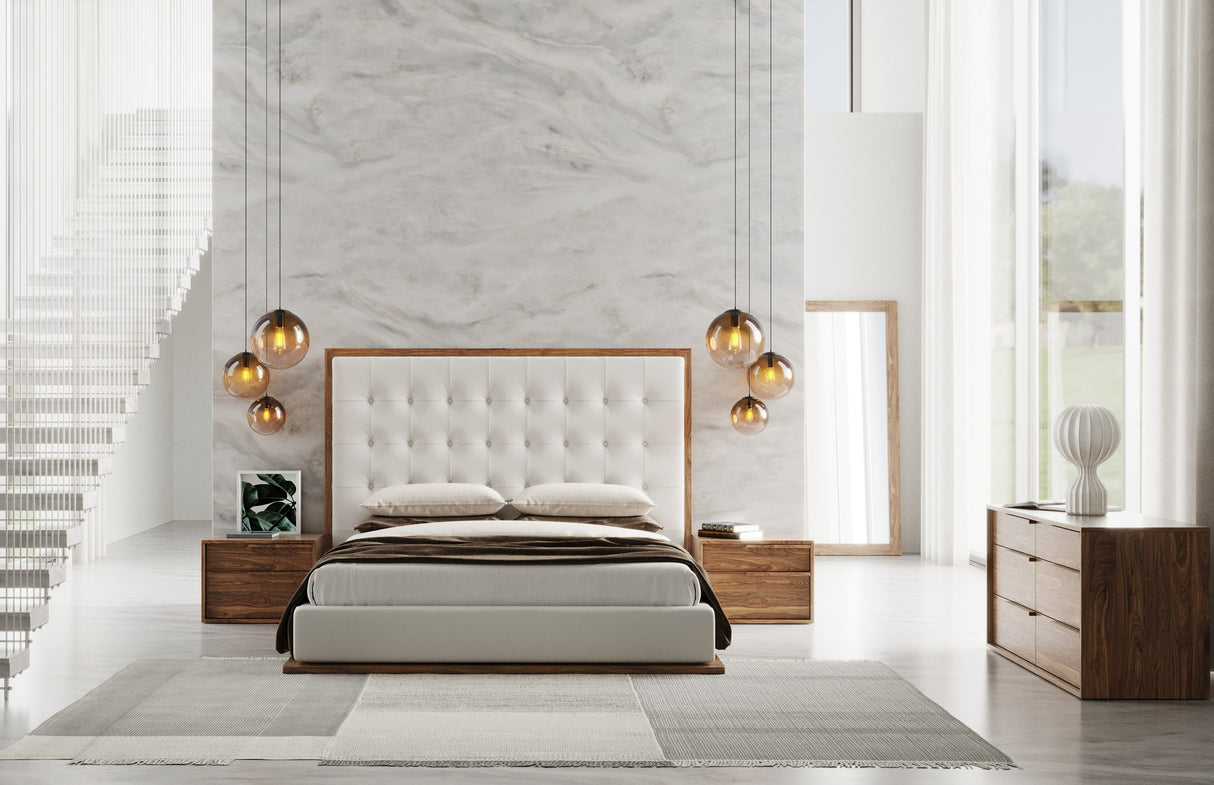 Queen Amberlie - Modern White Vegan Leather + Walnut 4-Piece Bedroom Set - View Image 1