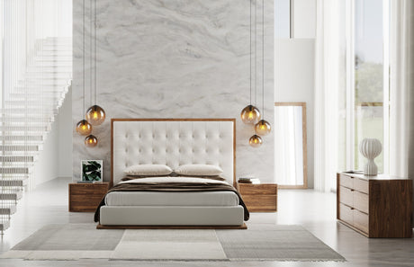 Eastern King Amberlie - Modern White Vegan Leather + Walnut 4-Piece Bedroom Set - View Image 1