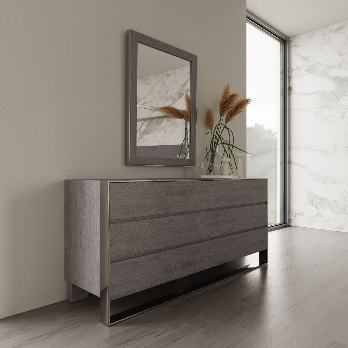 Eastern King Arlene Modern Grey Elm & Stainless Steel Bedroom Set