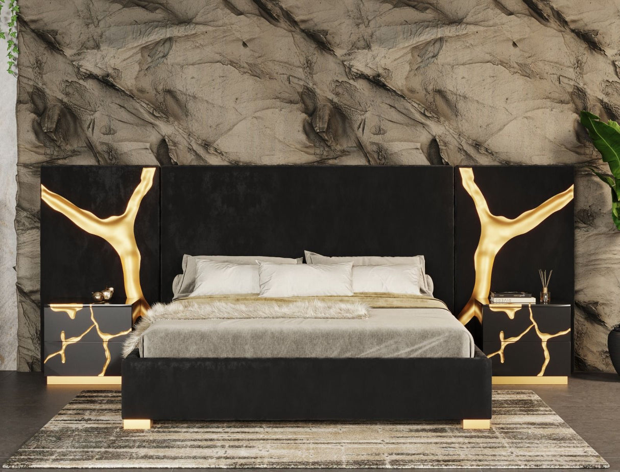Aspen - Queen Glam Black Velvet & Gold Bed - View Image 1