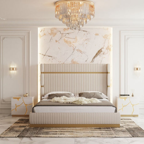 Queen Sterling Modern Beige Bonded Leather & Gold Bed