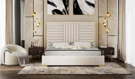 Queen Daystar - Modern Beige Velvet and Gold Bed - View Image 1