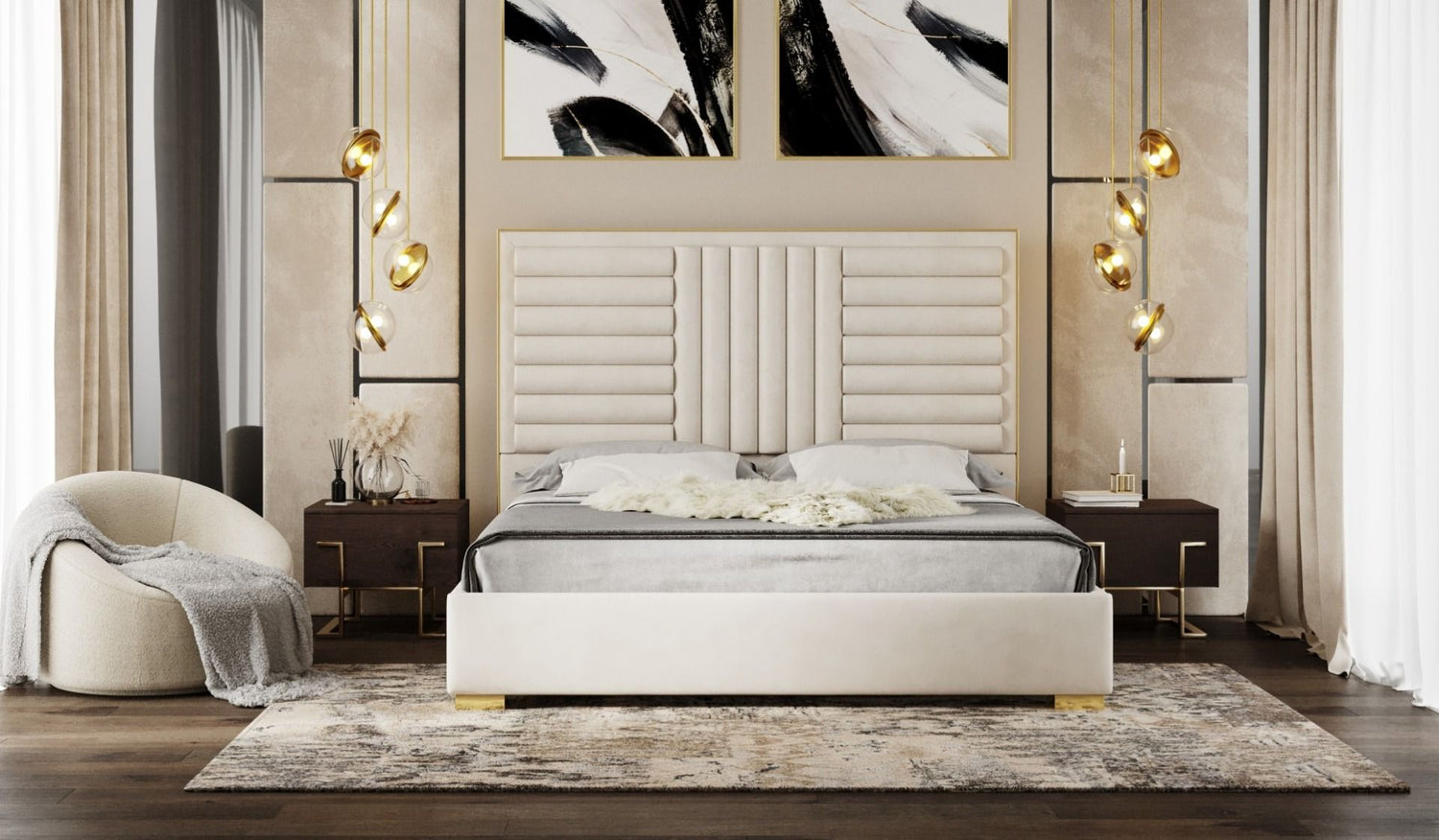 Eastern King Daystar - Modern Beige Velvet and Gold Bed - View Image 1