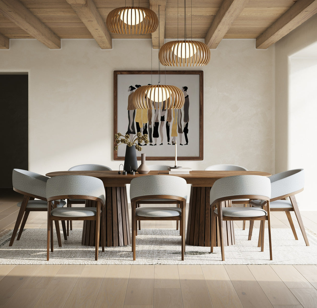 Truman - Mid-Century Modern Walnut Extendable Dining Table + 8 Chairs Set - View Image 1