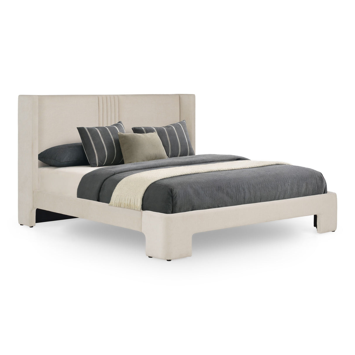 Eastern King Newhart - Modern Beige Fabric + Natural Oak 4-Piece Bedroom Set