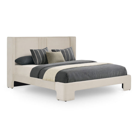 Eastern King Newhart - Modern Beige Fabric + Natural Oak 4-Piece Bedroom Set