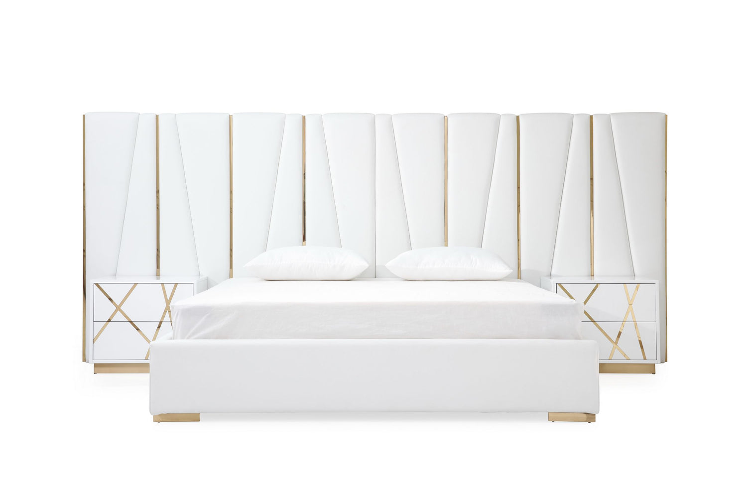 Nixa - Eastern King Modern White + Gold Bed + Nightstands - View Image 1