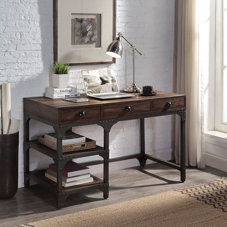 Acme - Gorden Writing Desk OF00143 Espresso Oak Finish & Antique Black Metal