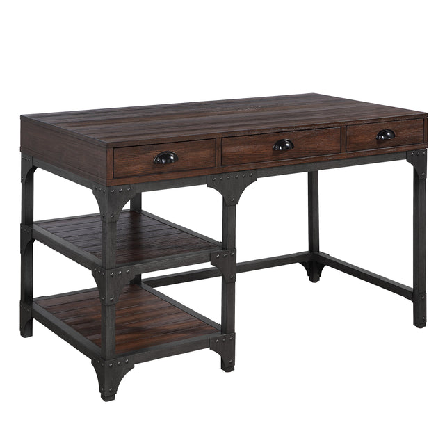 Acme - Gorden Writing Desk OF00143 Espresso Oak Finish & Antique Black Metal