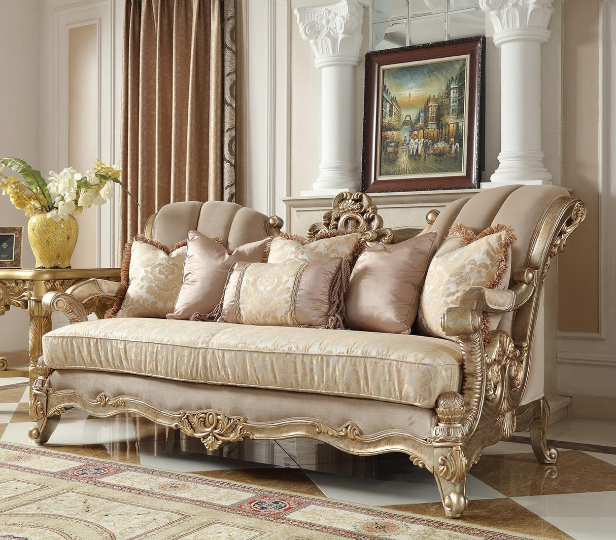 HD-2663 Traditional Carved Wood Living Room Set in Champagne Chenille Finish by Homey Design - Home Elegance USA Homey Design Furniture