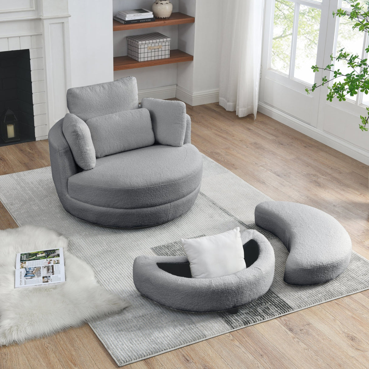 39"W Oversized Swivel Chair with moon storage ottoman for Living Room, Modern Accent Round Loveseat Circle Swivel Barrel Chairs for Bedroom Cuddle Sofa Chair Lounger Armchair, 4 Pillows, Teddy Fabric | Home Elegance USA