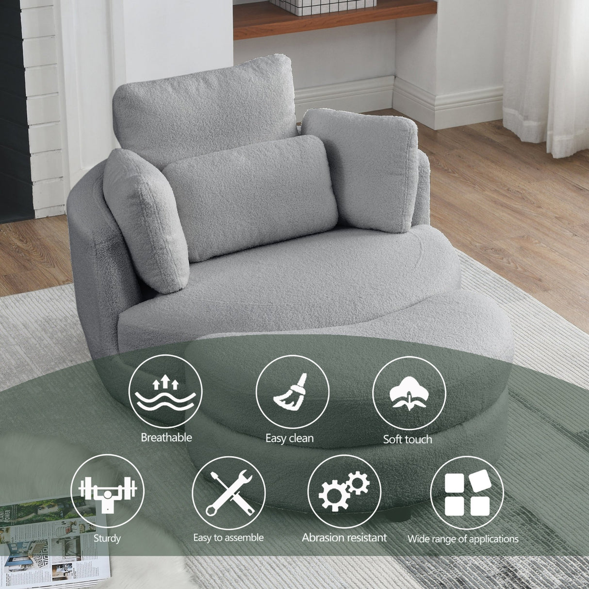 39"W Oversized Swivel Chair with moon storage ottoman for Living Room, Modern Accent Round Loveseat Circle Swivel Barrel Chairs for Bedroom Cuddle Sofa Chair Lounger Armchair, 4 Pillows, Teddy Fabric | Home Elegance USA