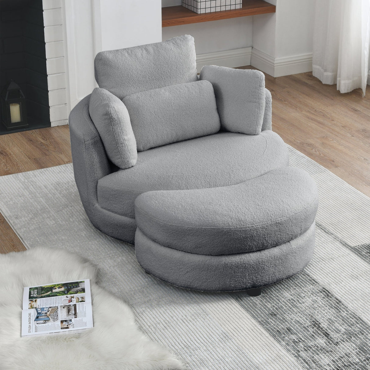 39"W Oversized Swivel Chair with moon storage ottoman for Living Room, Modern Accent Round Loveseat Circle Swivel Barrel Chairs for Bedroom Cuddle Sofa Chair Lounger Armchair, 4 Pillows, Teddy Fabric | Home Elegance USA