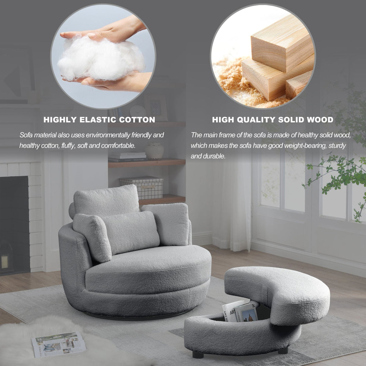 39"W Oversized Swivel Chair with moon storage ottoman for Living Room, Modern Accent Round Loveseat Circle Swivel Barrel Chairs for Bedroom Cuddle Sofa Chair Lounger Armchair, 4 Pillows, Teddy Fabric | Home Elegance USA