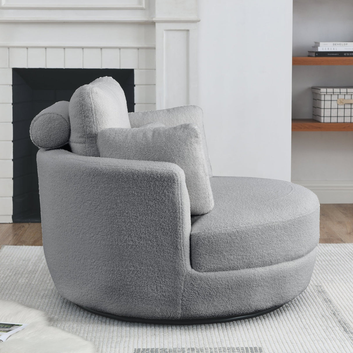 39"W Oversized Swivel Chair with moon storage ottoman for Living Room, Modern Accent Round Loveseat Circle Swivel Barrel Chairs for Bedroom Cuddle Sofa Chair Lounger Armchair, 4 Pillows, Teddy Fabric | Home Elegance USA