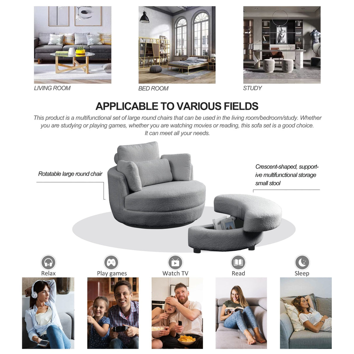 39"W Oversized Swivel Chair with moon storage ottoman for Living Room, Modern Accent Round Loveseat Circle Swivel Barrel Chairs for Bedroom Cuddle Sofa Chair Lounger Armchair, 4 Pillows, Teddy Fabric | Home Elegance USA