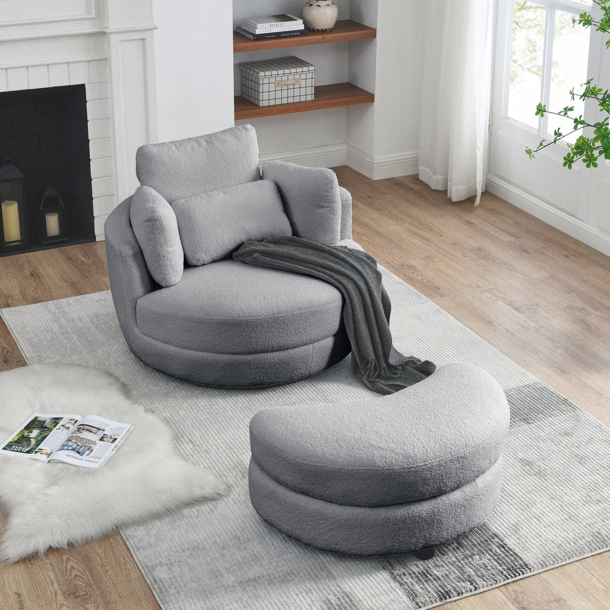39"W Oversized Swivel Chair with moon storage ottoman for Living Room, Modern Accent Round Loveseat Circle Swivel Barrel Chairs for Bedroom Cuddle Sofa Chair Lounger Armchair, 4 Pillows, Teddy Fabric | Home Elegance USA