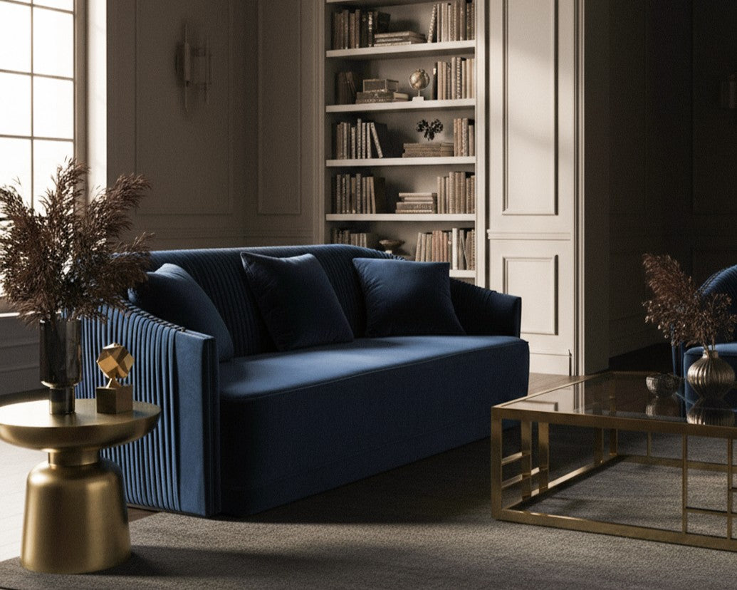Palomar Modern Blue Velvet & Brass Sofa - View Image 1