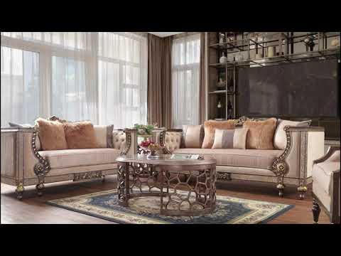 Hd-3058 Traditional Living Room Set Performance Fabric In Antique Gold Finish | Homey Design