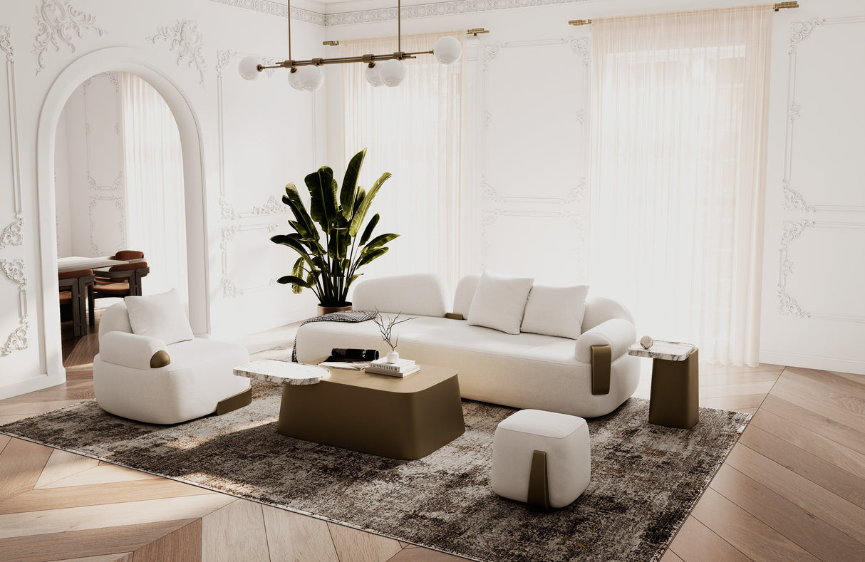 Rainier - Contemporary Off-White Fabric + Antique Brass Sofa - View Image 1