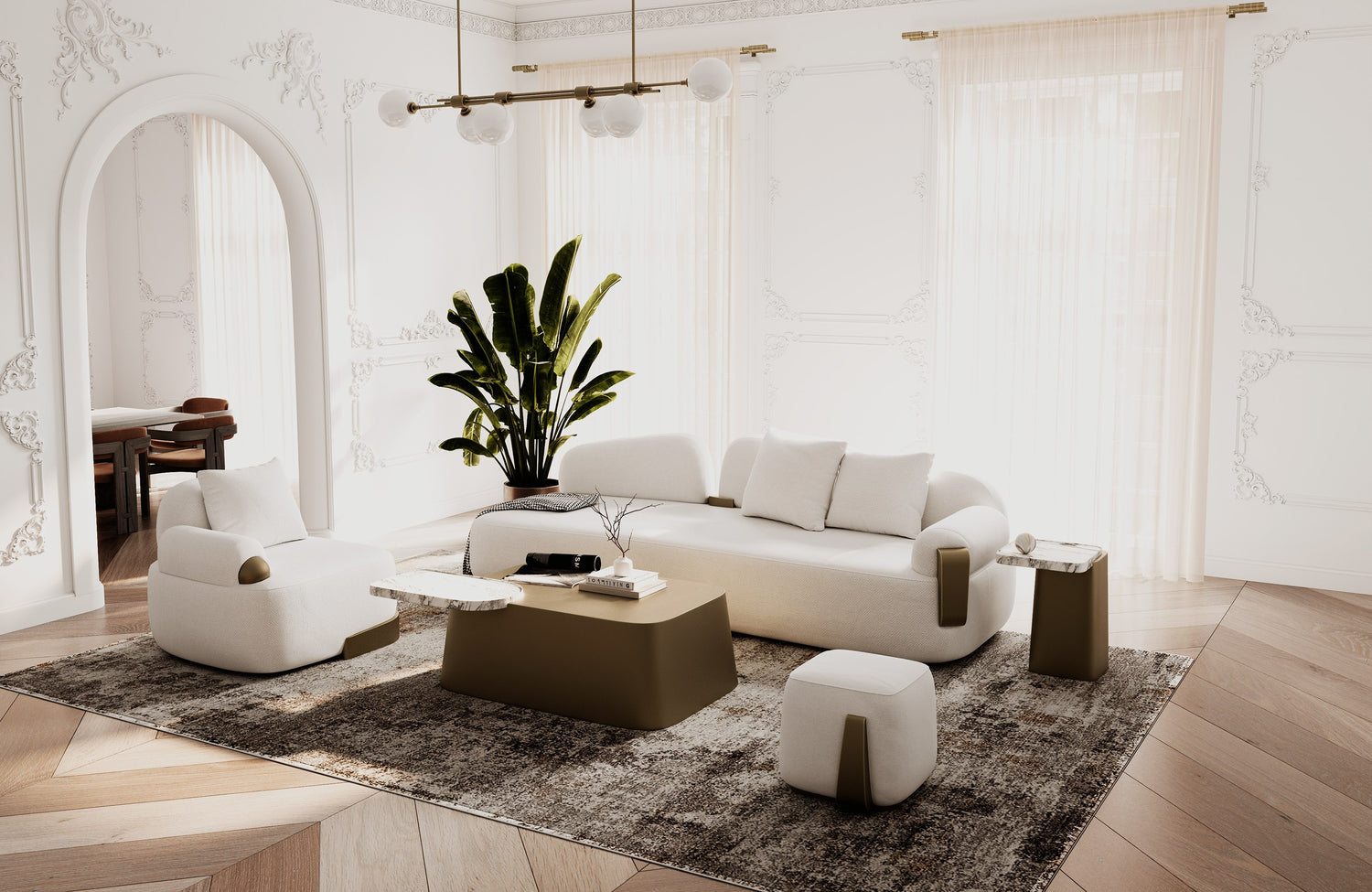 Rainier - Contemporary Off-White Fabric + Antique Brass Sofa - View Image 1