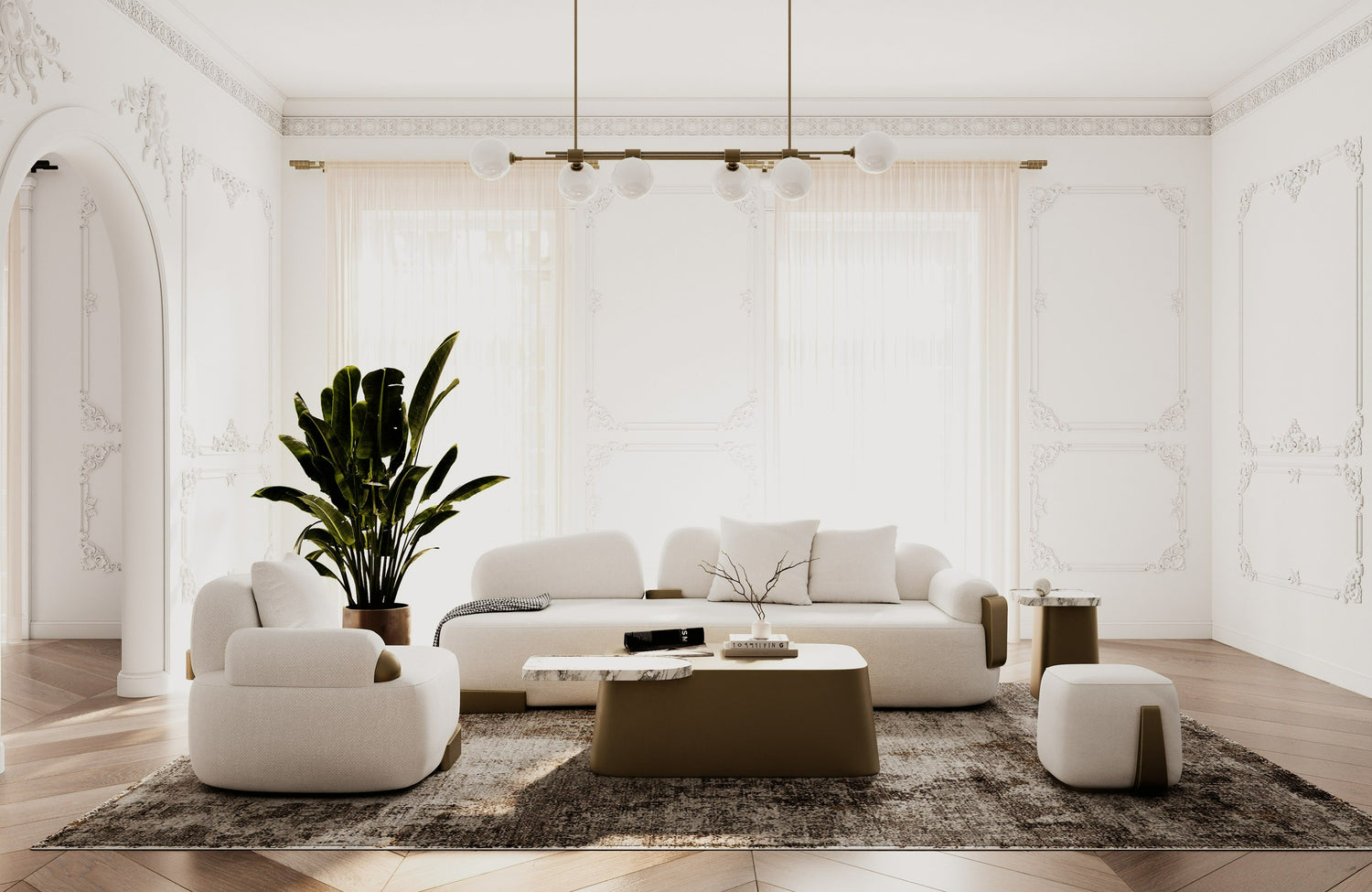 Rainier - Contemporary Off-White Fabric + Antique Brass Sofa - View Image 1
