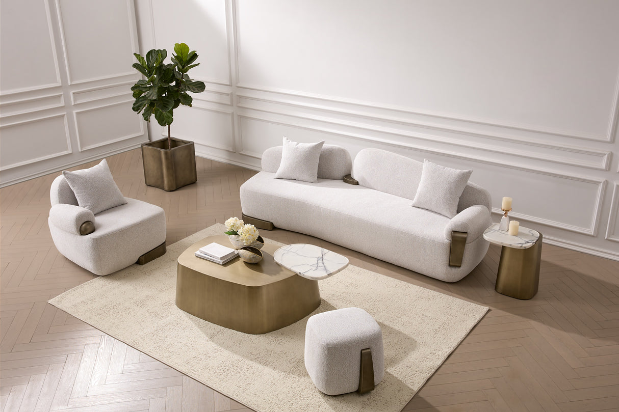 Rainier - Contemporary Off-White Fabric + Antique Brass Sofa - View Image 1