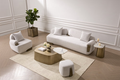 Rainier - Contemporary Off-White Fabric + Antique Brass Sofa - View Image 1