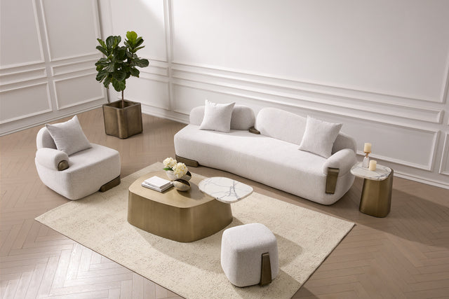 Rainier - Contemporary Off-White Fabric + Antique Brass Sofa - View Image 1