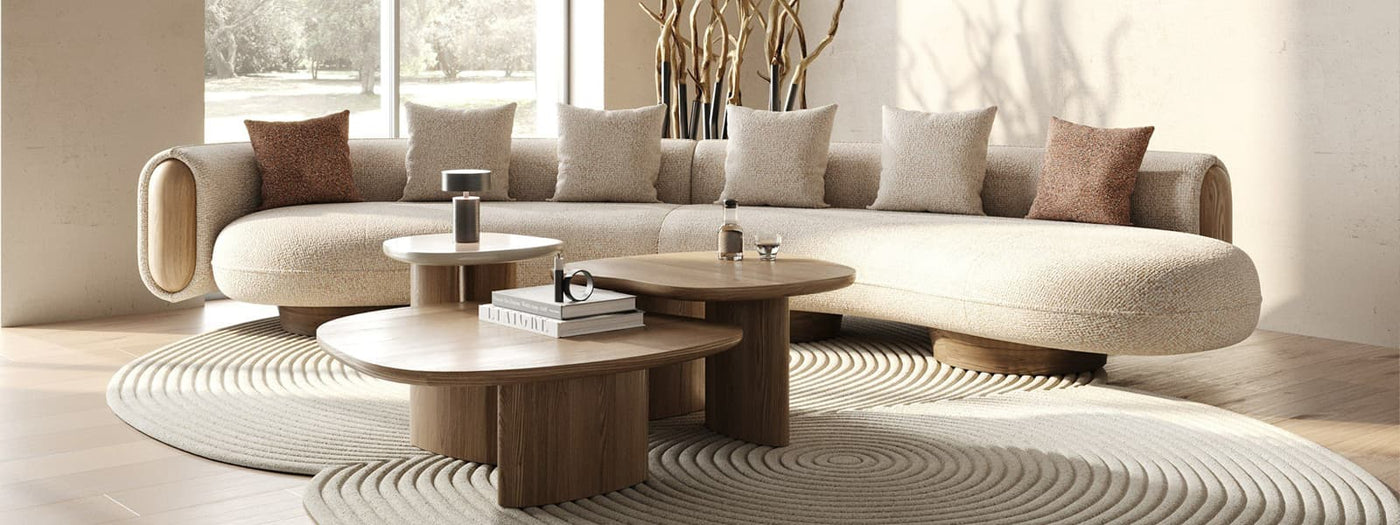 Raywood modern curved sectional sofa in multicolored boucle fabric with a solid ash wood frame by vig furniture