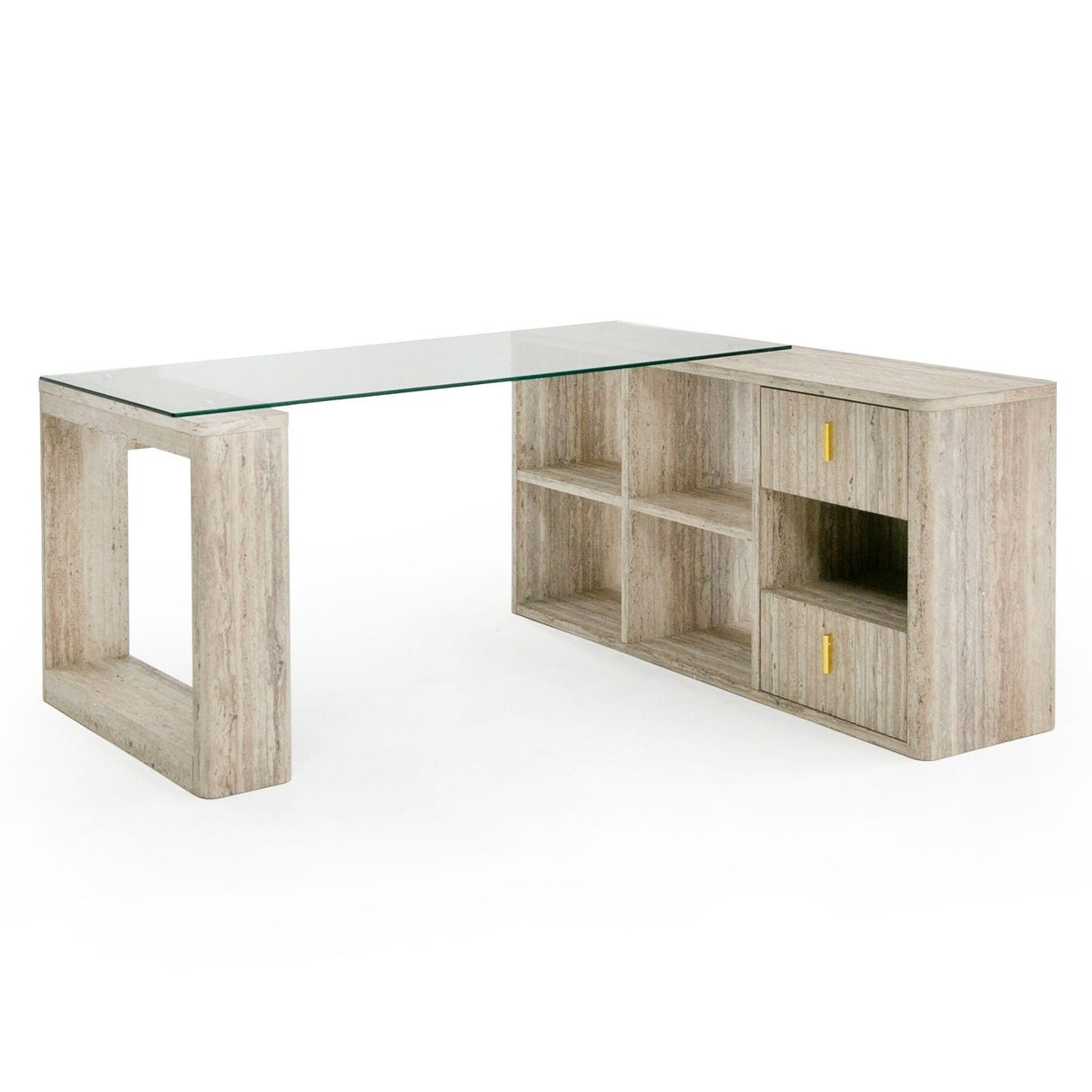 Nova Domus Roma - Modern Glass + Faux Travertine Reversible Desk