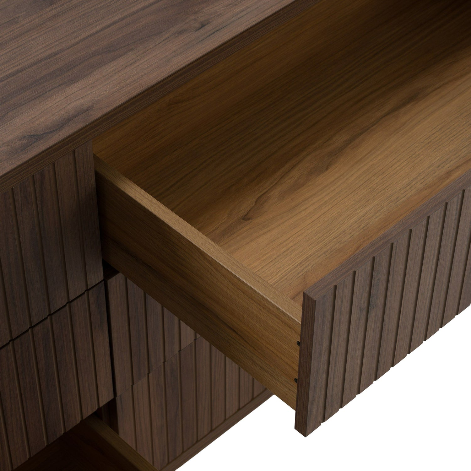 Eastern King Rousey + Roma - Modern Taupe Fabric + Walnut 4-Piece Bedroom Set