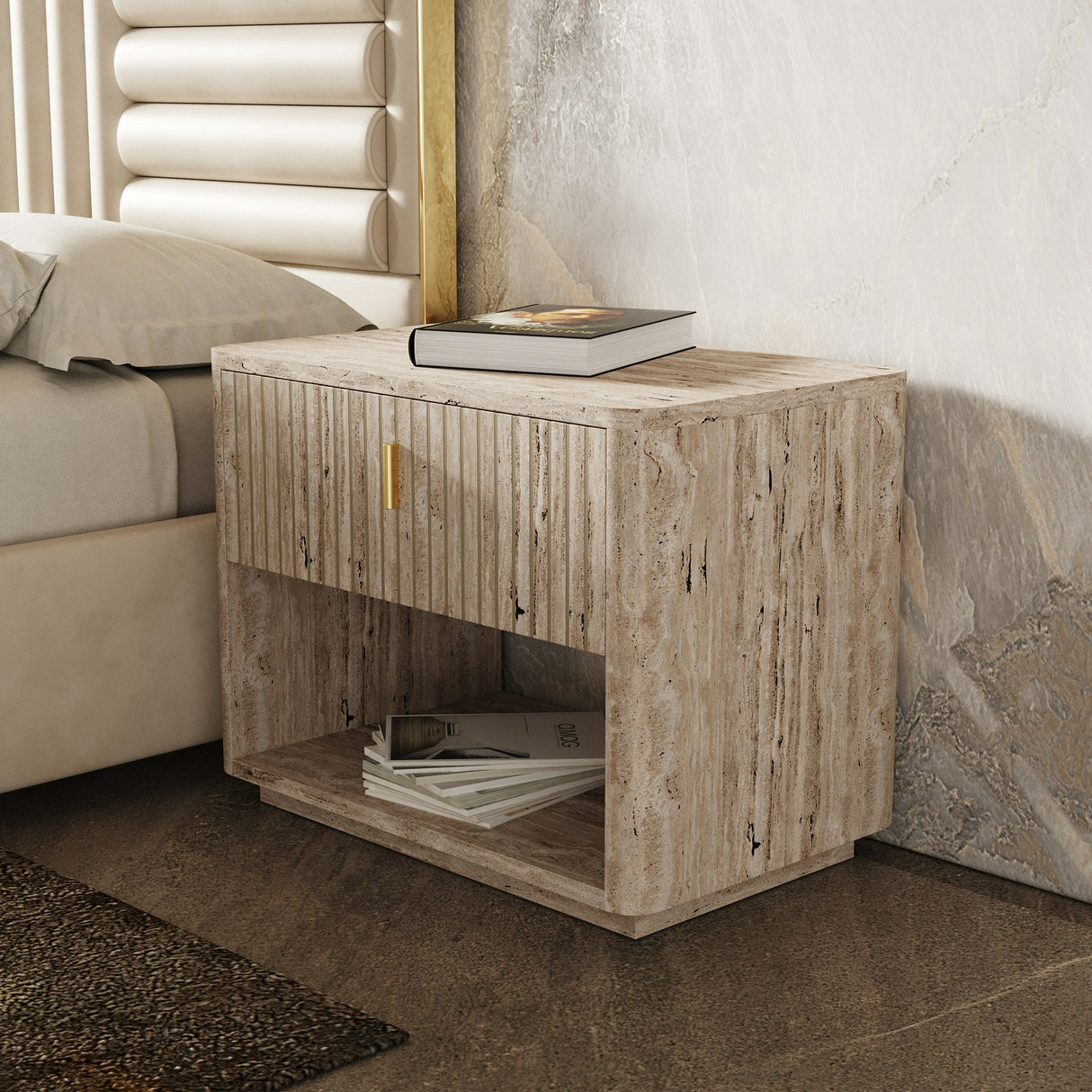 Eastern King - Daystar + Roma - Modern Beige Velvet + Travertine + Gold Bedroom Set - View Image 1
