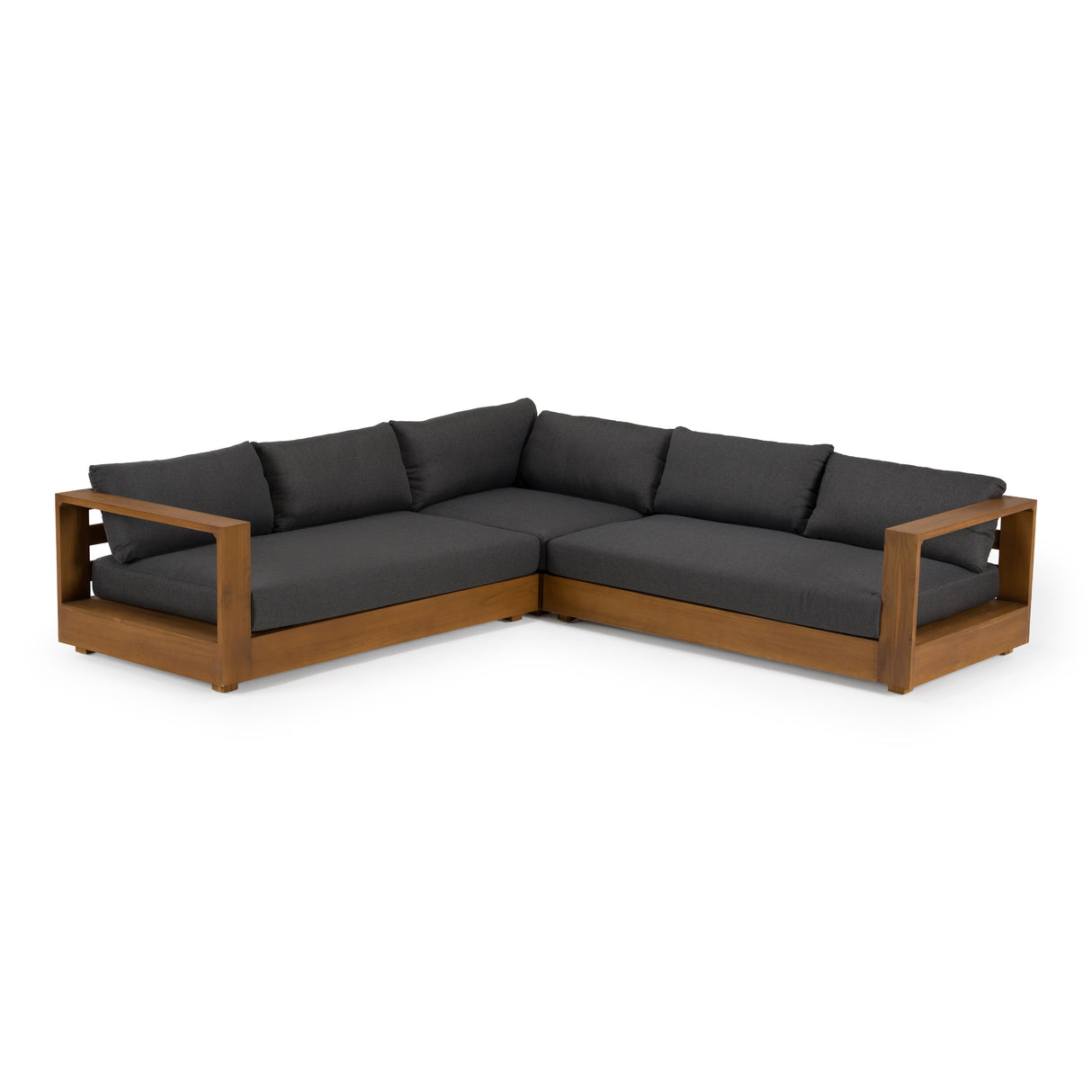 Santorini - Outdoor Grey Olefin Fabric + Natural Teak Sectional Sofa - View Image 1