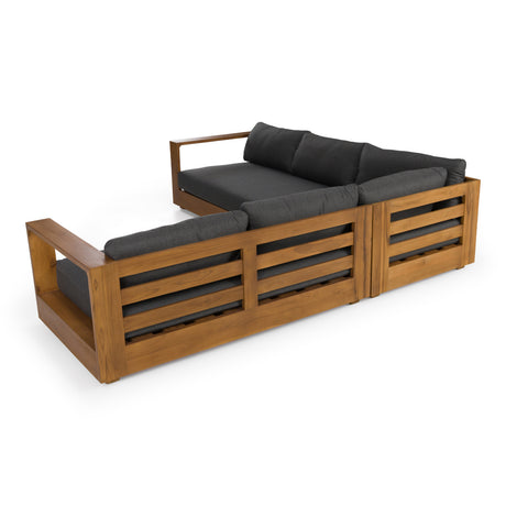Santorini - Outdoor Grey Olefin Fabric + Natural Teak Sectional Sofa - View Image 1