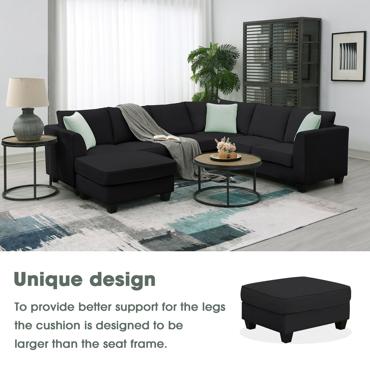 112*87" Sectional Sofa Couches Living Room Sets, 7 Seats Modular Sectional Sofa with Ottoman, L Shape Fabric Sofa Corner Couch Set with 3 Pillows, Black(New of GS008210AAB) | Home Elegance USA