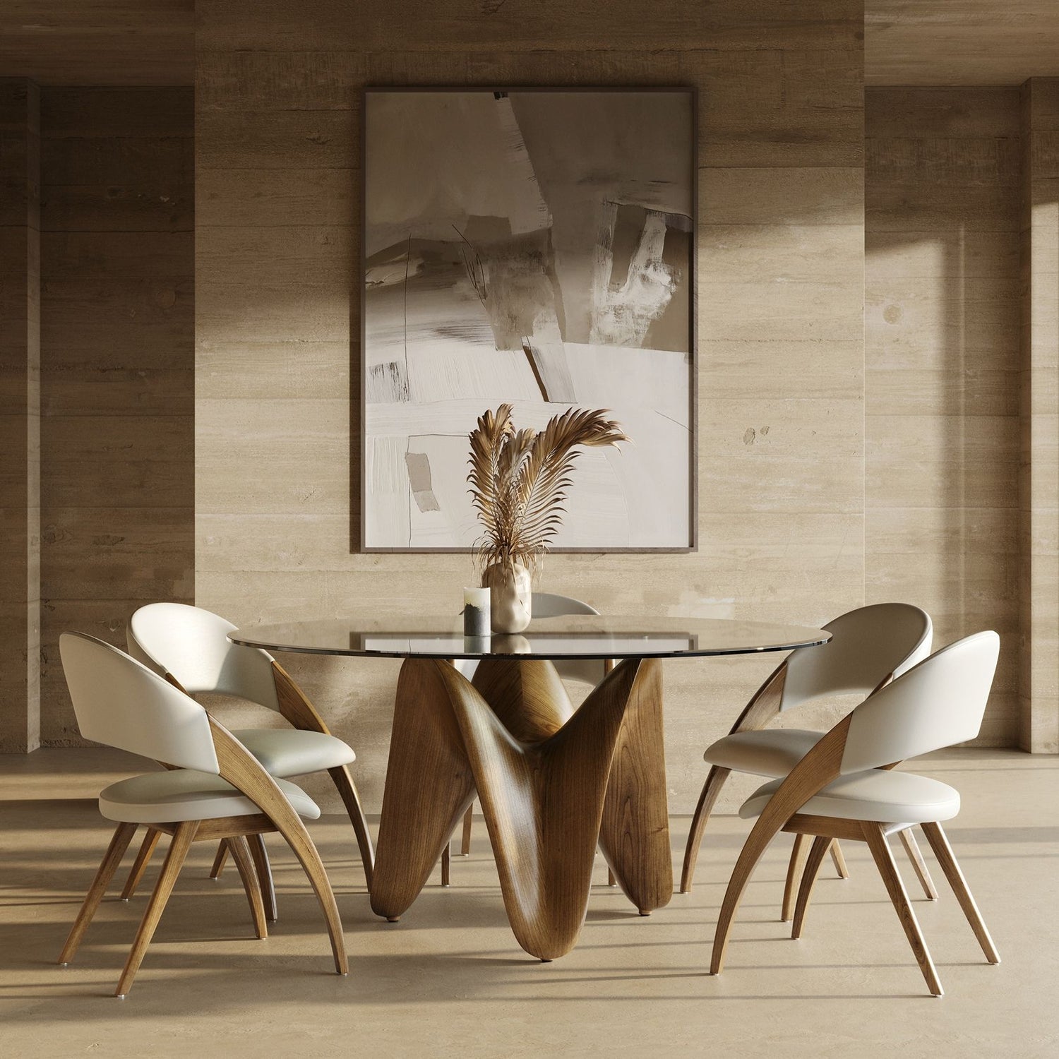 Modrest Seguin - Round Glass + Walnut Dining Table