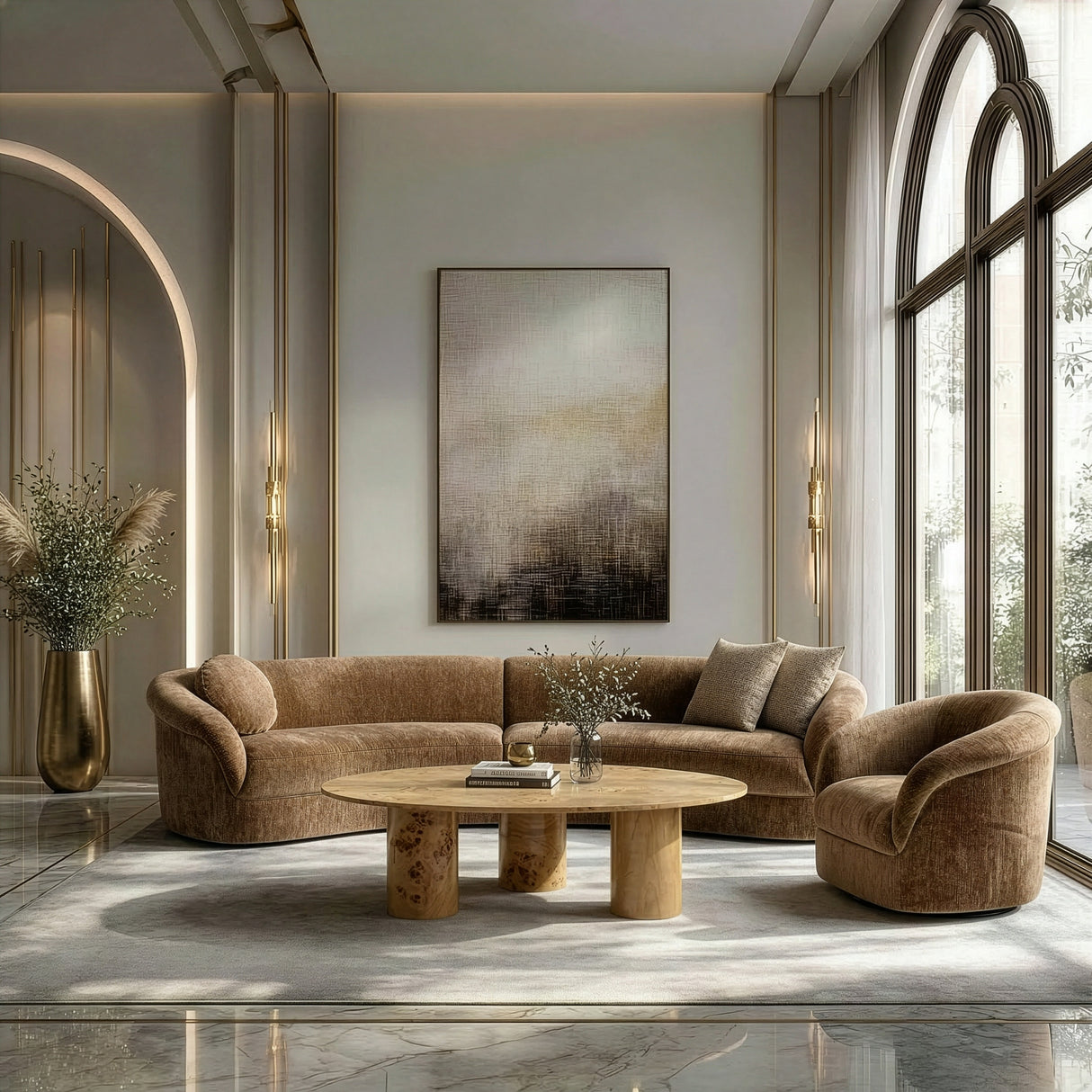 Sheth - Modern Brown Fabric Curved Sectional Sofa - View Image 1