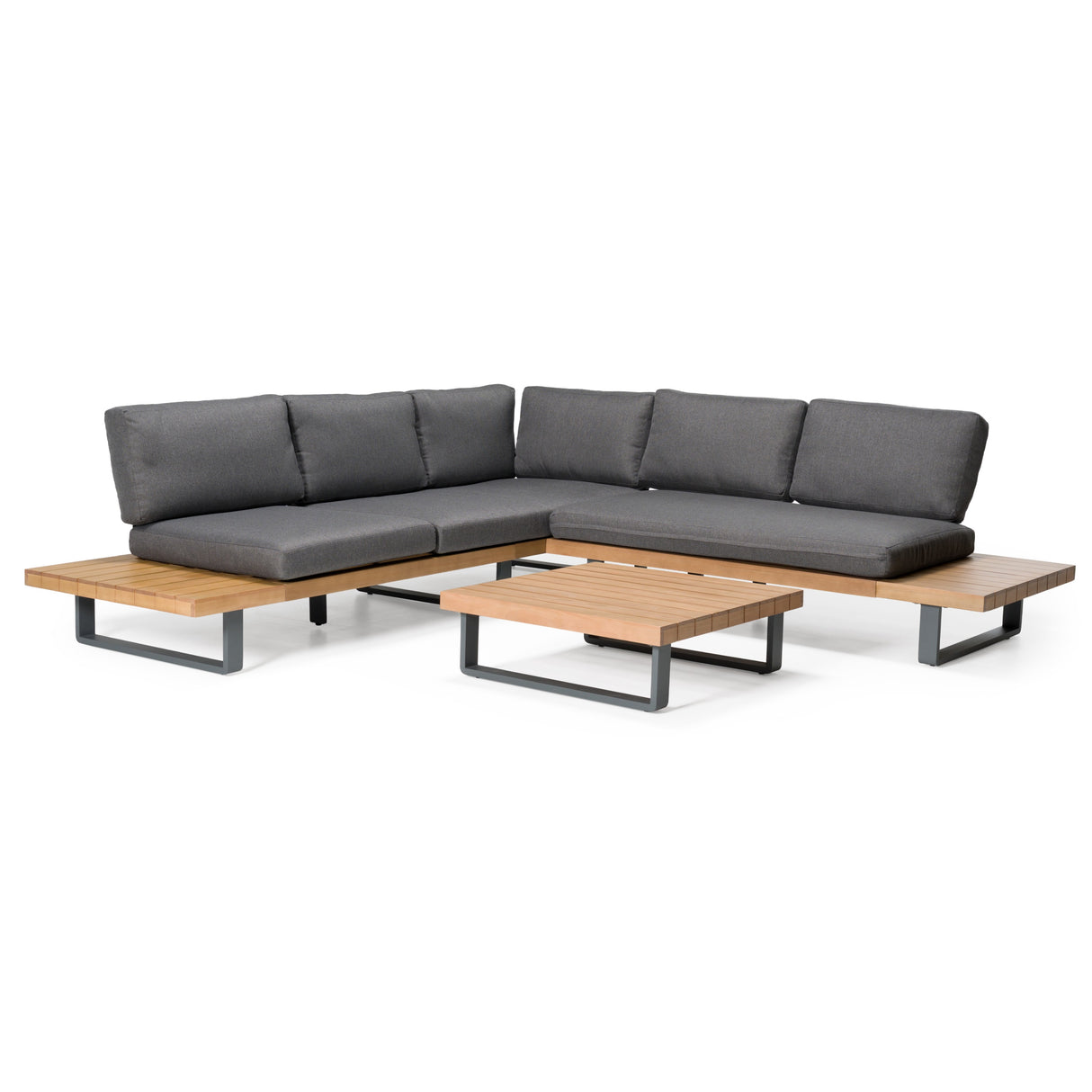 Skaros - Outdoor Grey Olefin Fabric + Eucalyptus Sectional Sofa + Coffee Table Set - View Image 1