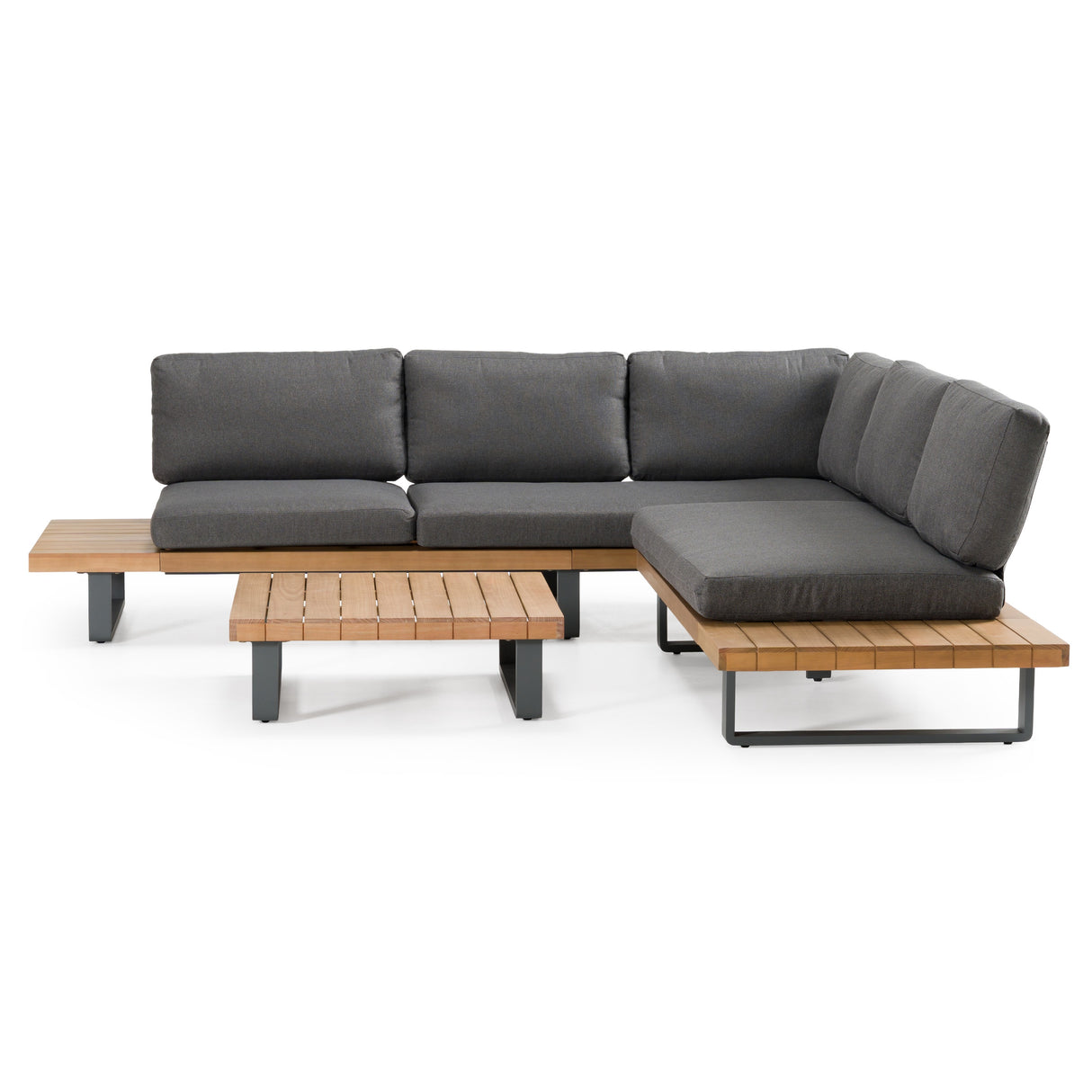 Skaros - Outdoor Grey Olefin Fabric + Eucalyptus Sectional Sofa + Coffee Table Set - View Image 1