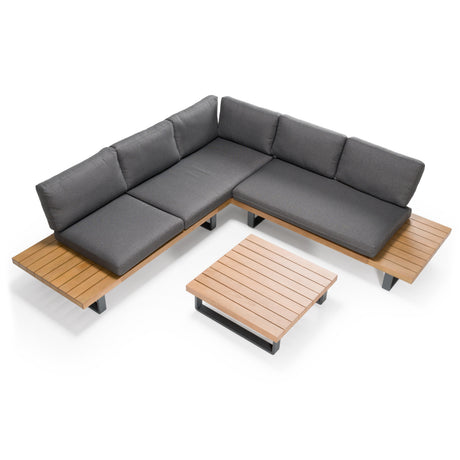 Skaros - Outdoor Grey Olefin Fabric + Eucalyptus Sectional Sofa + Coffee Table Set - View Image 1