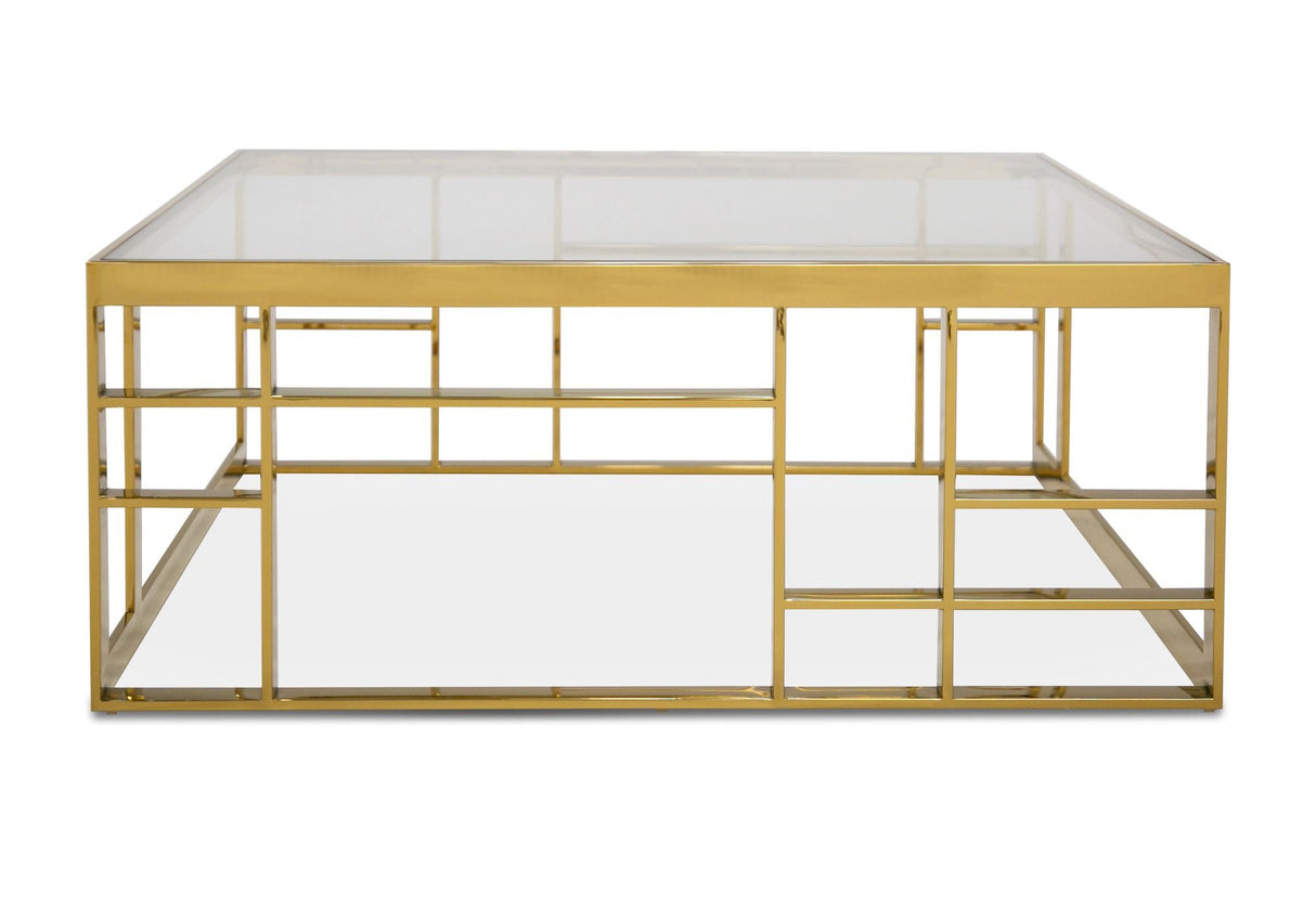 Modrest Stephen Modern Glass & Gold Stainless Steel Square Coffee Table Vghb-341E-Gld - Home Elegance USA