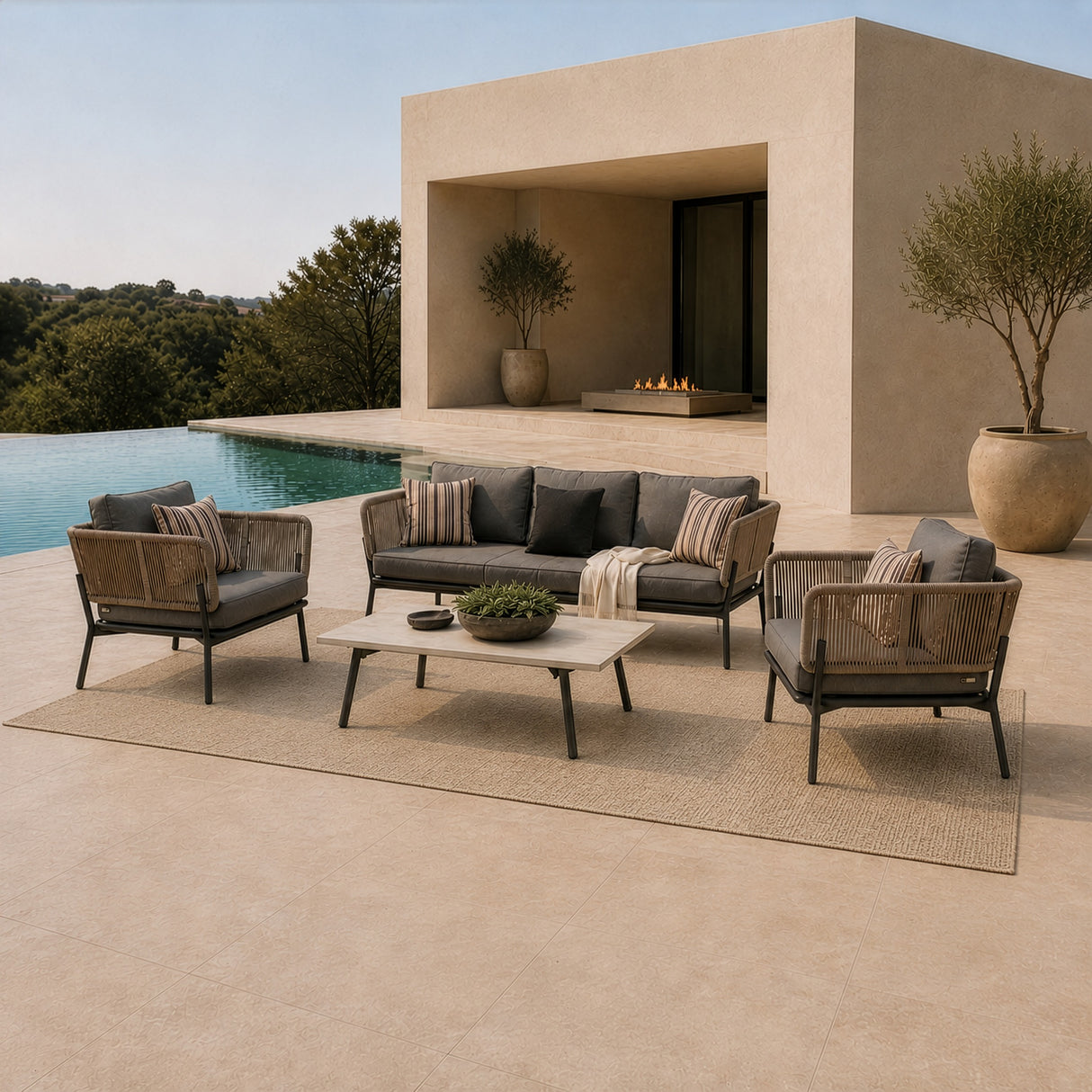 Suntide - Outdoor Grey Fabric + Beige Rattan + Grey Acacia Sofa Set - View Image 1