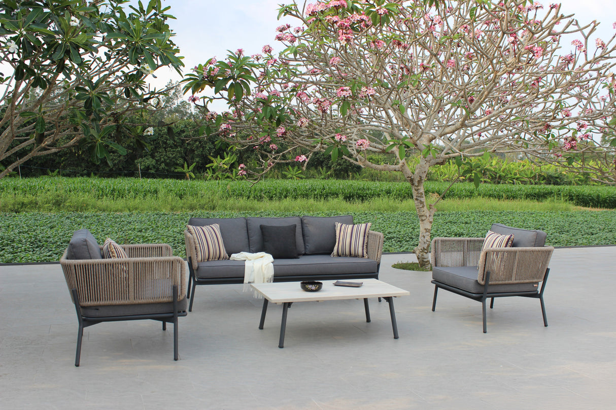 Suntide - Outdoor Grey Fabric + Beige Rattan + Grey Acacia Sofa Set - View Image 1