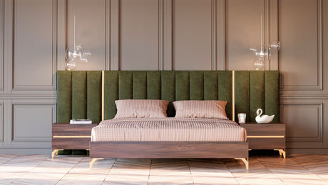 Eastern King Calabria Modern Walnut & Green Velvet Bed & Nightstands