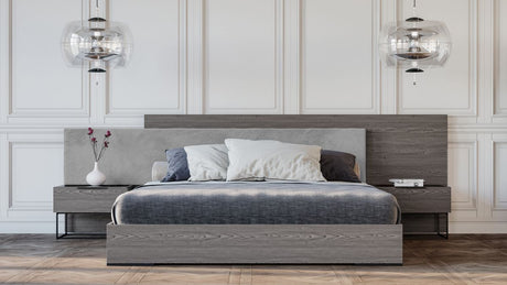 California King Enzo Italian Modern Grey Oak & Fabric Bed w/ Nightstands
