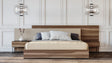 Eastern King Matteo Italian Modern Walnut & Fabric Bed + 2 Nightstands + Dresser Set - View Image 1