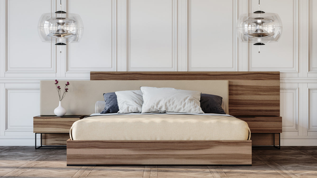 Eastern King Matteo Italian Modern Walnut & Fabric Bed + 2 Nightstands + Dresser Set - View Image 1