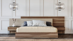 Eastern King Matteo Italian Modern Walnut & Fabric Bed + 2 Nightstands + Dresser Set - View Image 1